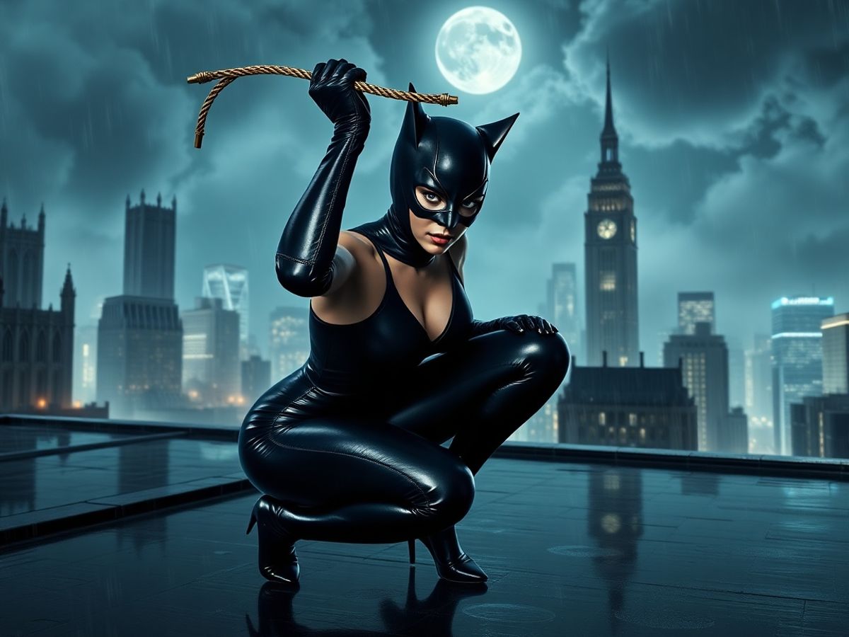 Catwoman crouched with Big Ben in the background