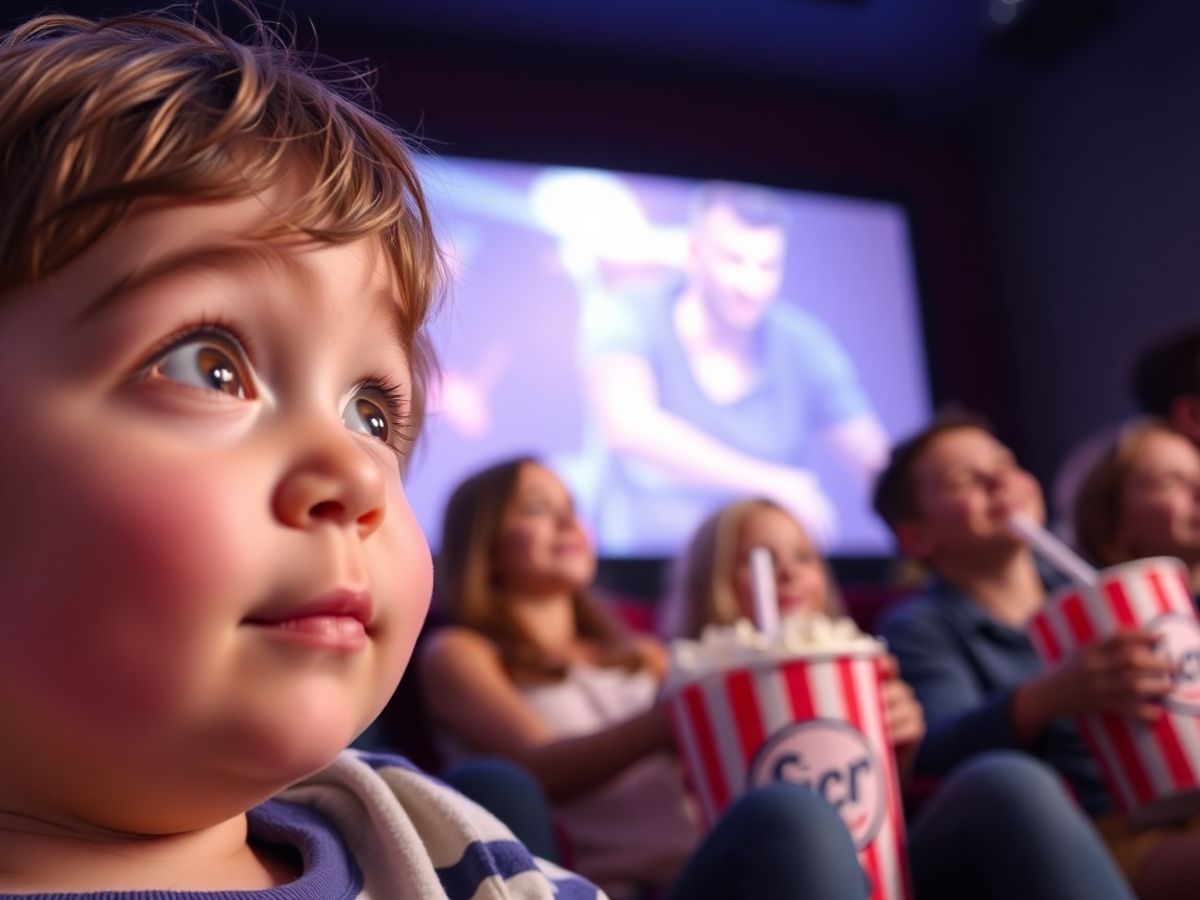 Child excitedly watching film in cinema with family
