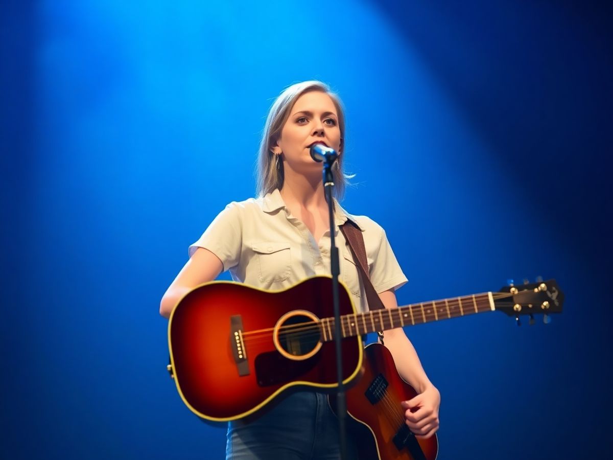 Female singer holding guitar on softly lit stage, looking thoughtful