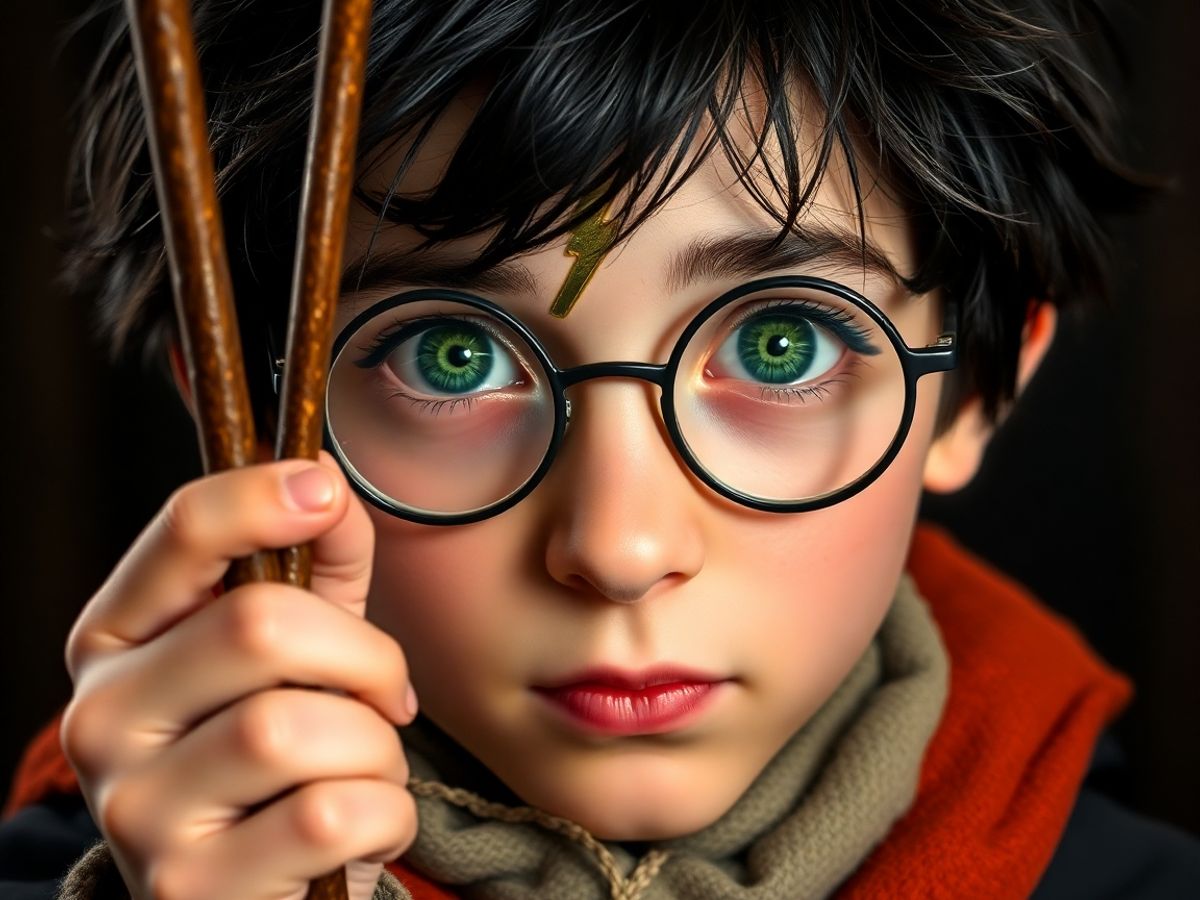 oung wizard, worn robes, magic wand glowing.