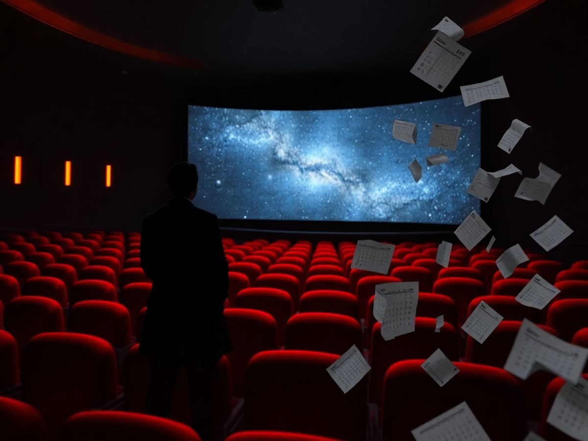 Director silhouette in IMAX theatre with cosmic projection, calendar pages