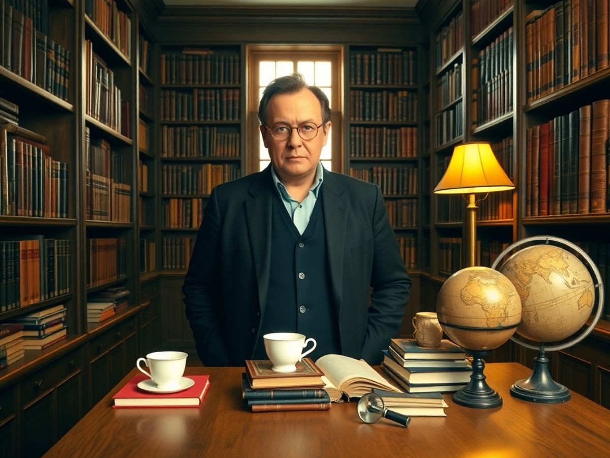 Mark Gatiss in cosy library with floating teacup and globe.
