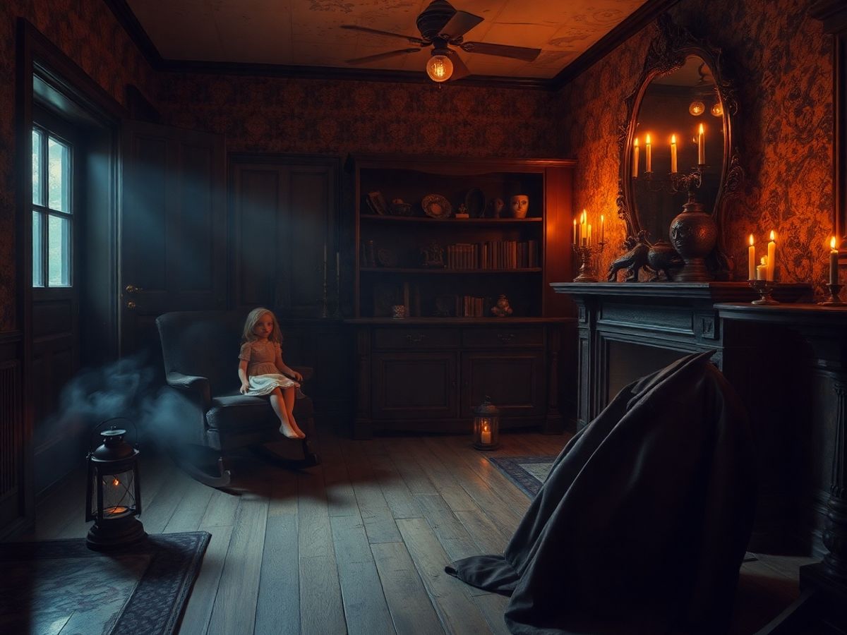 Annabelle-style porcelain doll on rocking chair in dim haunted room