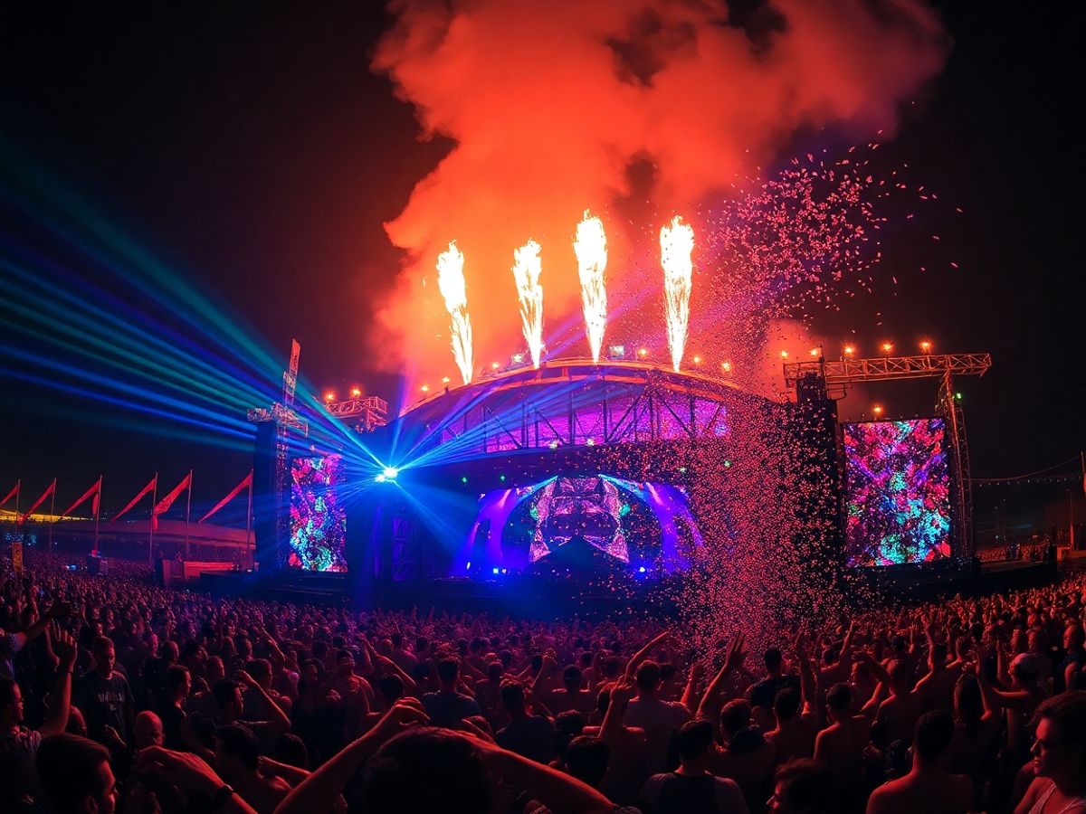 Crowd dancing at night before fire-scarred main stage under fireworks.